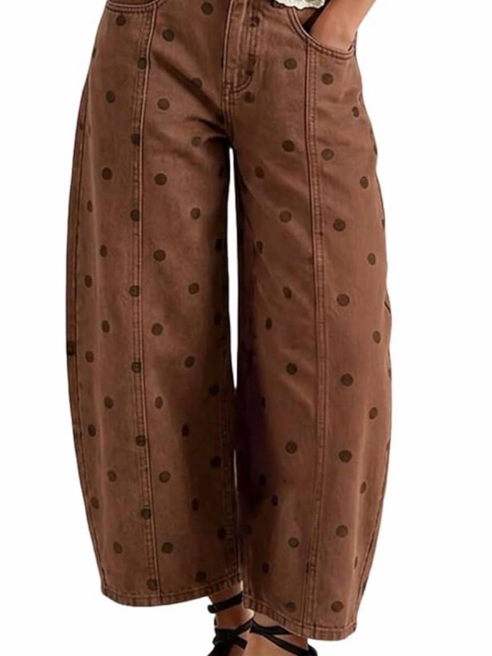 Women Polka Dot Wide Leg Barrel Jeans Mid Rise Denim Ankle Pants